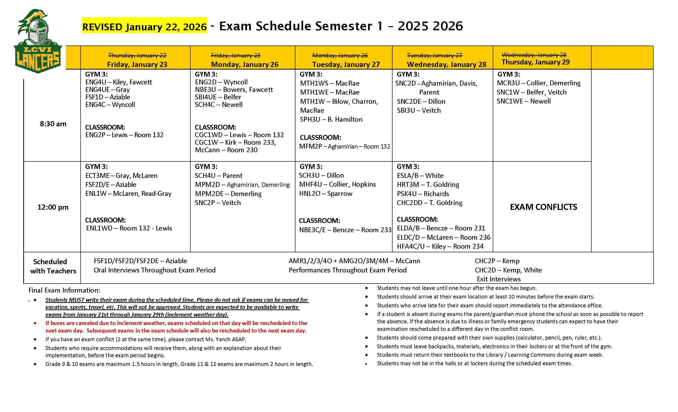 January 2026 Exam Schedule REVISED January 22, 2026