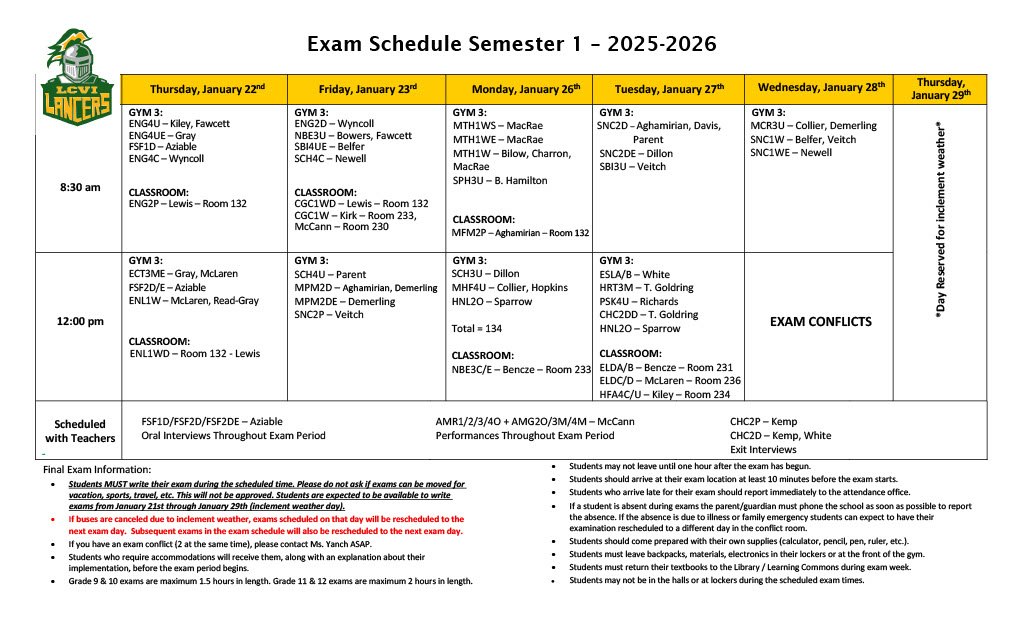 January 2026 Exam Schedule